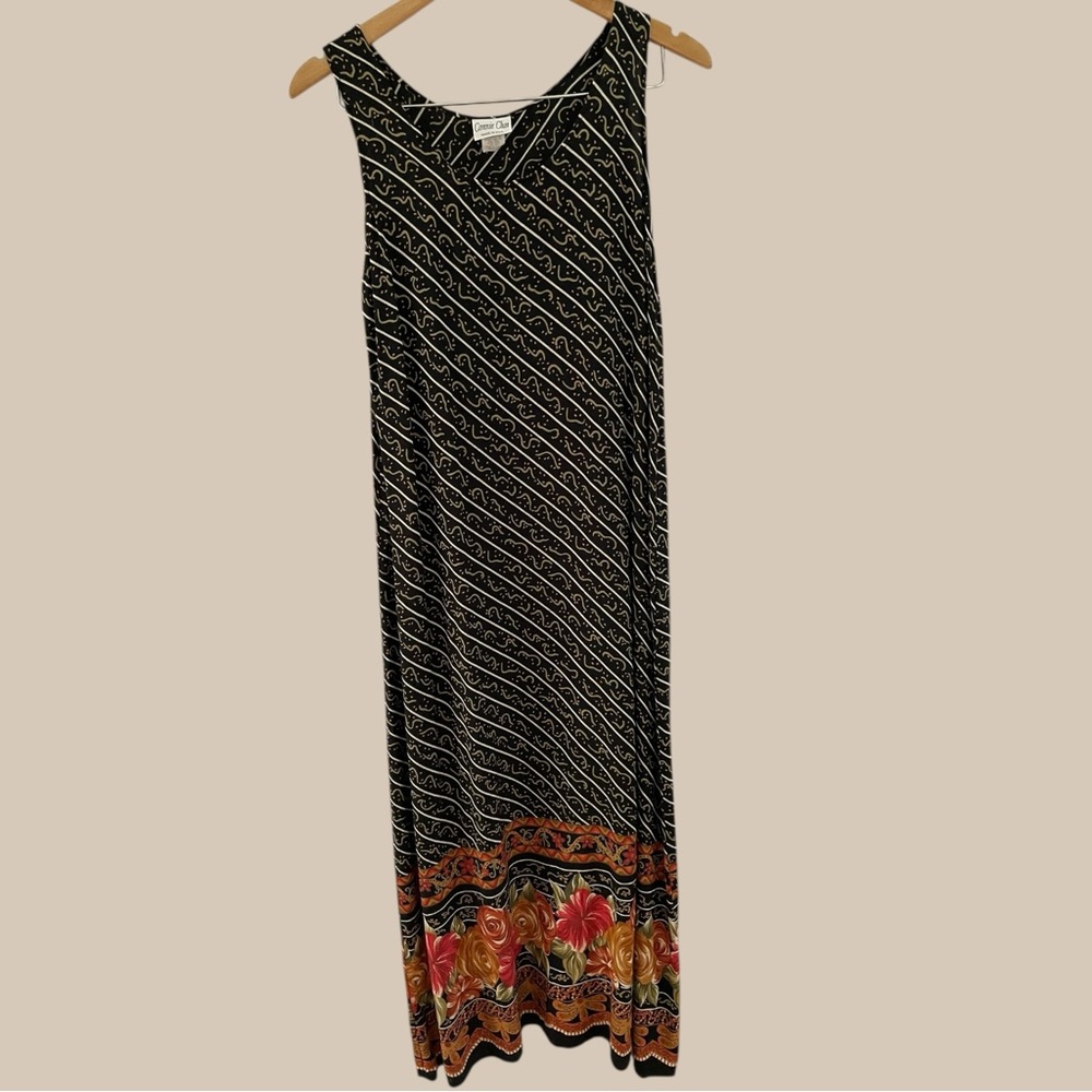VTG Cottagecore Connie Choi rayon maxi dress M black floral sleeveless boho